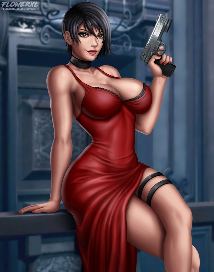 1girls, abs, ada wong, ada wong (caroline ribeiro), armpits, bare shoulders, big breasts, black hair, breasts, brown eyes, choker, cleavage, clothed, clothes, dress, eyelashes, female, female only, firearm, flowerxl, fully clothed, gun, handgun, holding, human, large breasts, lipstick, looking at viewer, nail polish, red lipstick, red nails, resident evil, resident evil 4, short hair, sideboob, sitting, smile, solo, text, thick thighs, thigh strap, thin waist, url, watermark, weapon, wide hips