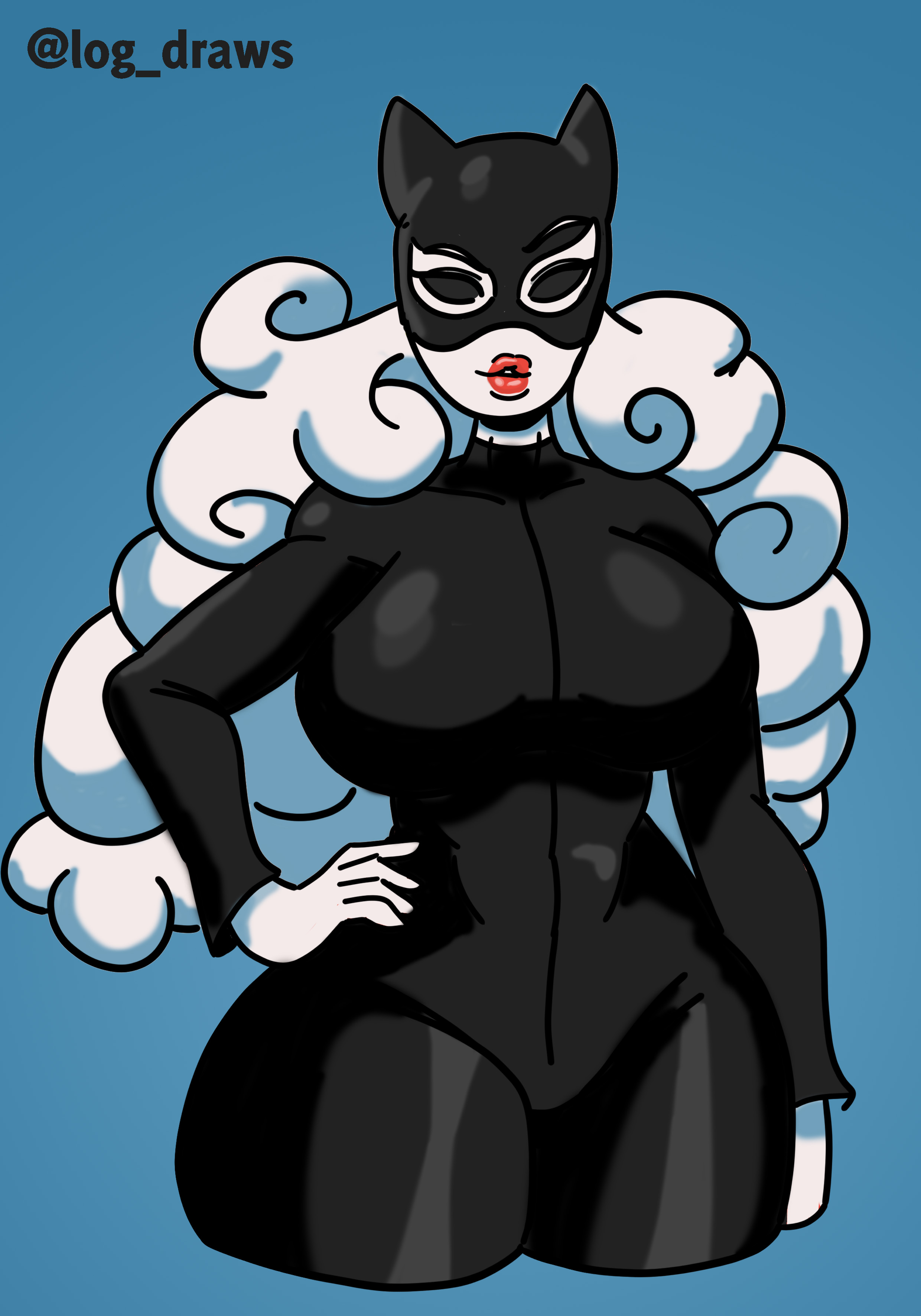 air creature, air humanoid, batman (series), big breasts, big lips, bodysuit, breasts, cartoon network, cat suit, catwoman (cosplay), cloud creature, cloud humanoid, cosplay, dc, dc comics, earrings, female, hand on hip, latex, log draws, milf, no pupils, simple background, skin tight, skinsuit, straight hair, the amazing world of gumball, wide hips, yuki yoshida