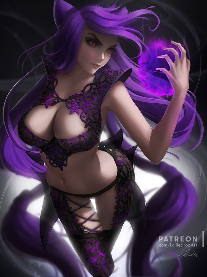 1girls, belly, big breasts, blush, bra, breasts, cleavage, female, female only, gengar, ghost, human, humanized, large breasts, lingerie, lolliedrop, long hair, looking away, midriff, navel, pink eyes, pokemon, purple hair, smile, solo, standing, teeth, text, thigh gap, thighhighs, url, very long hair, watermark, wide hips