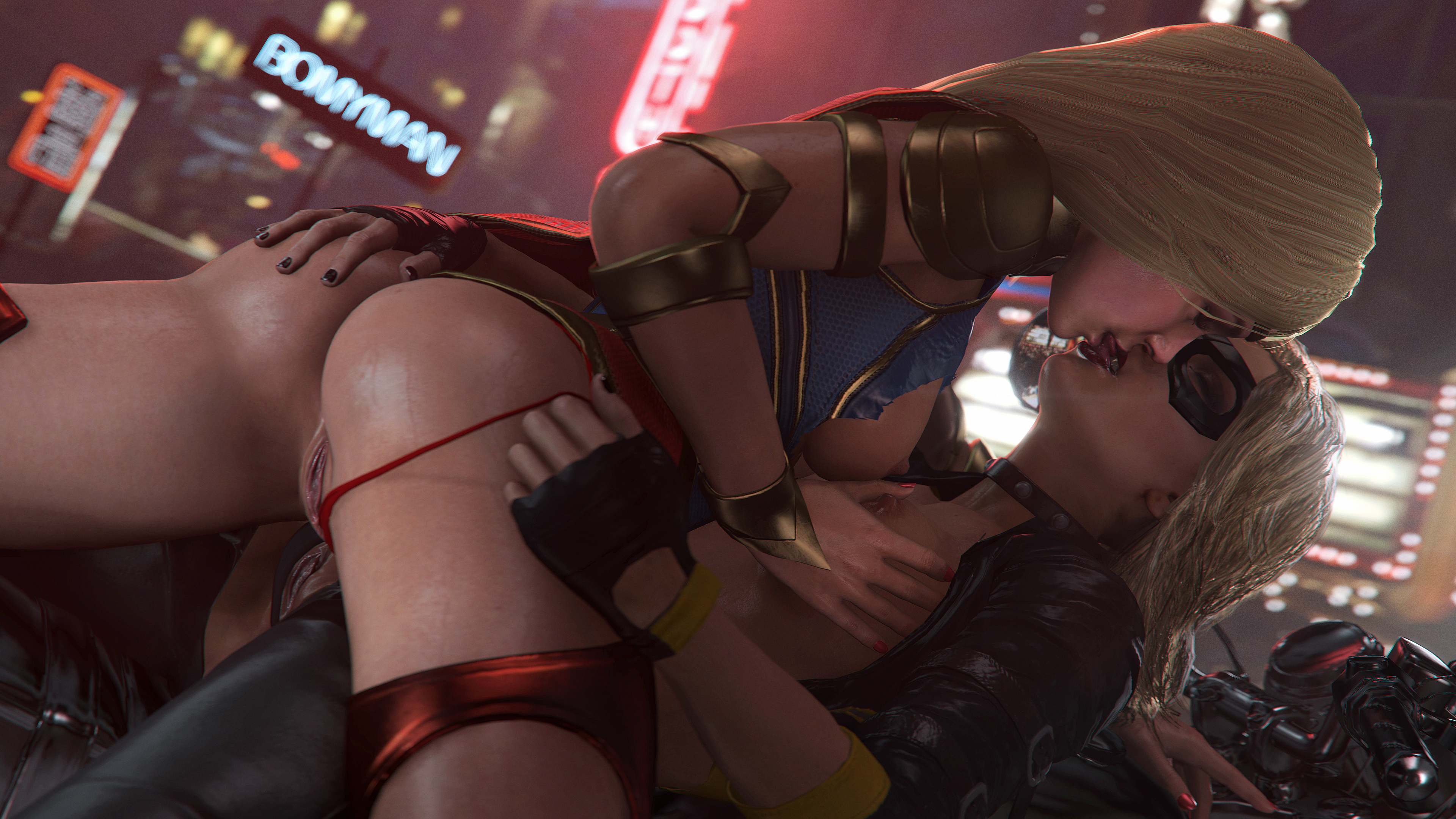 2girls, 3d, 3d (artwork), absurdres, areolae, black canary, black canary (injustice), black nails, blonde hair, bomyman, breasts, dc, dc comics, dinah lance, domino mask, female, female only, fingerless gloves, french kiss, green arrow (series), highres, injustice 2, kara danvers, kara zor-el, multiple females, multiple girls, nipples, pussy, signature, source filmmaker, supergirl, supergirl (injustice), superman (series), text, vagina, yuri