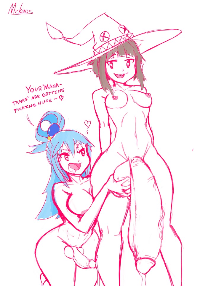 2futas aqua_(konosuba) ass balls barefoot big_ass big_balls big_breasts blush breasts bulging_urethra child_bearing_hips cum curvaceous curvy dialogue dickgirl drooling duo erect_nipples erect_penis erection exhibitionism flat_chest fondle fondling futa_on_futa futa_only futanari grope groping hat heart-shaped_pupils hyper hyper_penis imminent_sex intersex inviting kono_subarashii_sekai_ni_shukufuku_wo! large_breasts larger_futanari magic mckaos megumin monochrome nipples nude penis_size_difference precum precum_drip size_difference small_breasts small_but_hung small_penis small_testicles smaller_futanari smile suggestive testicles text thick_penis thick_thighs tiny_penis vein veiny_balls veiny_penis wide_hips witch witch_hat wizard_hat young zures