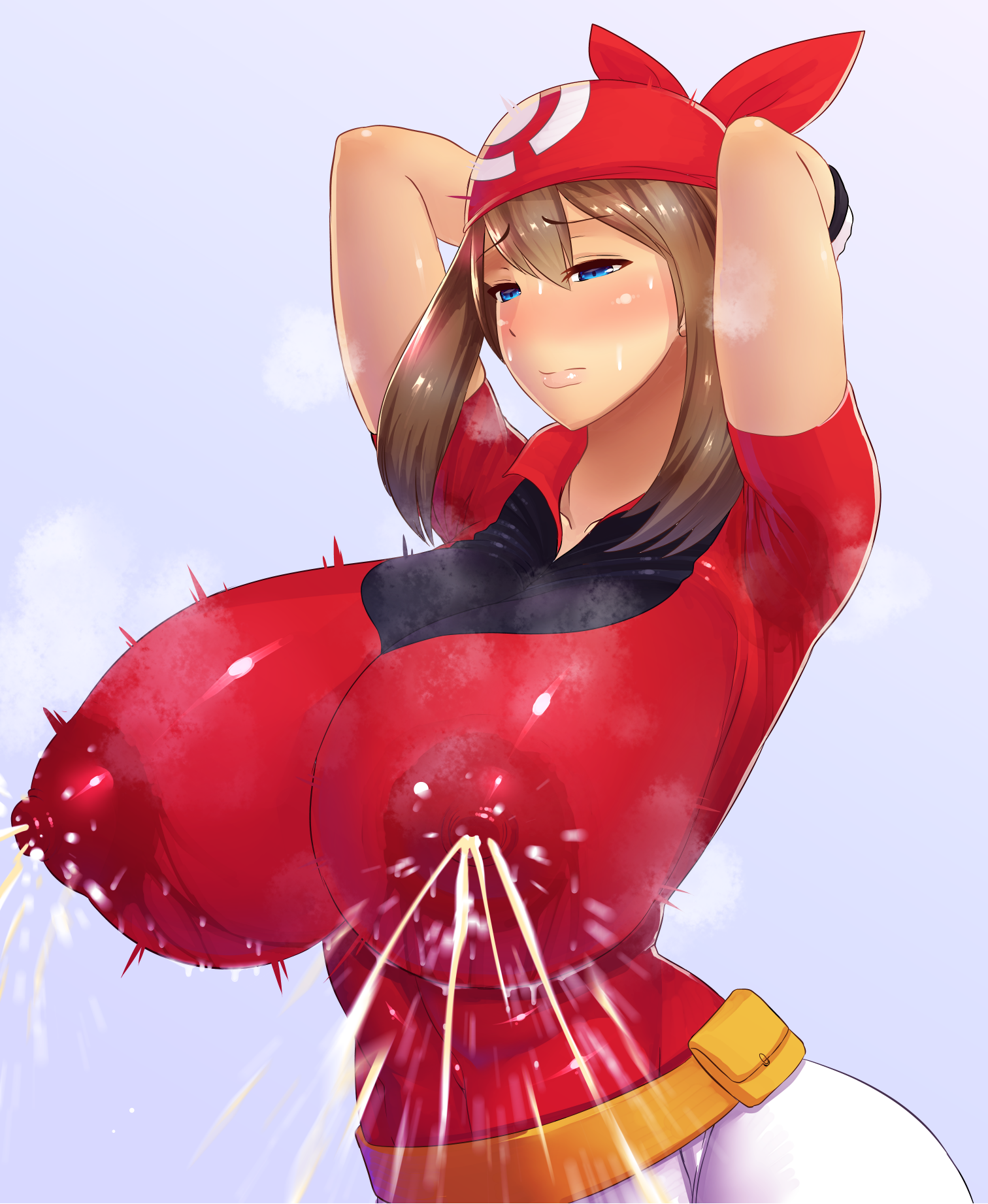 1girls, abs, areolae, armpits, arms up, bag, bandana, belly, belt, blue background, blue eyes, blush, breasts, brown hair, clothed, domoshipette, eyelashes, female, female only, heavy breathing, huge breasts, human, human only, lactating, lactation, looking at viewer, may (pokemon), milk, muscular, muscular female, navel, nintendo, nipples, pokemon, pokemon rse, shirt, shorts, skin tight, solo, sweat, tight clothing, wet