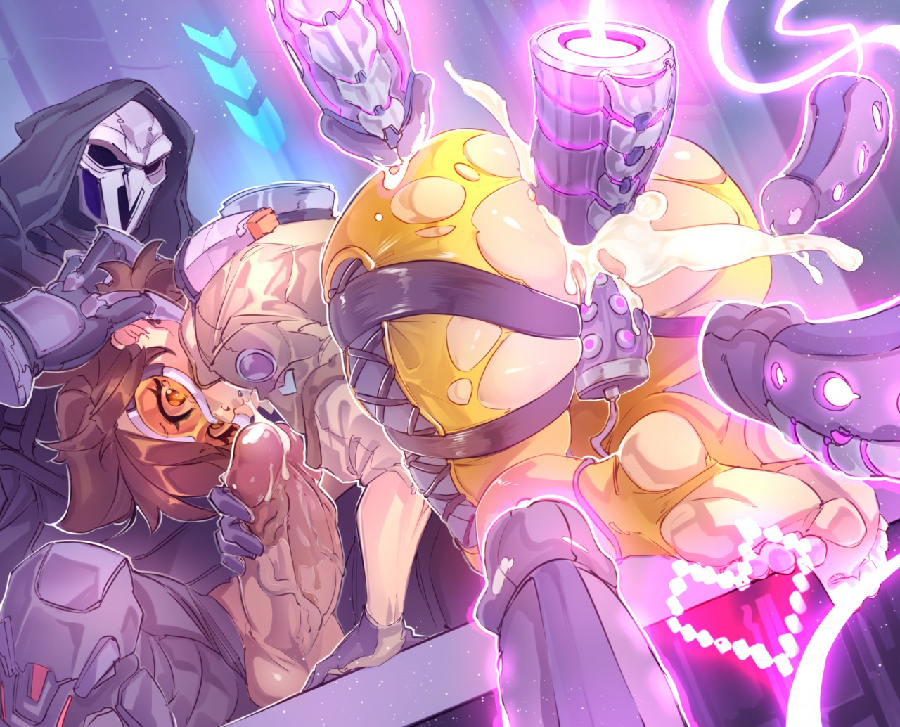 anal, anal object insertion, anal sex, ass, brown hair, cloak, cum, cum in ass, cum in mouth, cum in pussy, cum inside, curvy, double penetration, feet, fellatio, female, gofa, goggles, hand on another's head, male, multiple penises, object insertion, oral, overwatch, overwatch 2, penis, pussy, reaper, sex toys, short hair, straight, torn clothes, tracer, vagina, vaginal insertion, vaginal object insertion, vaginal penetration, voluptuous, wide hips