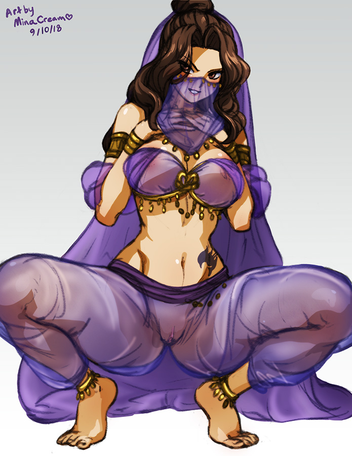 1girls, 2018, anklet, areolae, barefoot, belly dancer outfit, belly tattoo, black tattoo, breasts, brown hair, brown-haired female, cana alberona, dated, fairy tail, fairy tail mark, feet, female, female only, gold (metal), gold jewelry, harem outfit, jewelry, minacream, navel, nipples, no bra, no panties, pussy, see-through, solo, spread legs, squatting, tattoo, text, veil, watermark