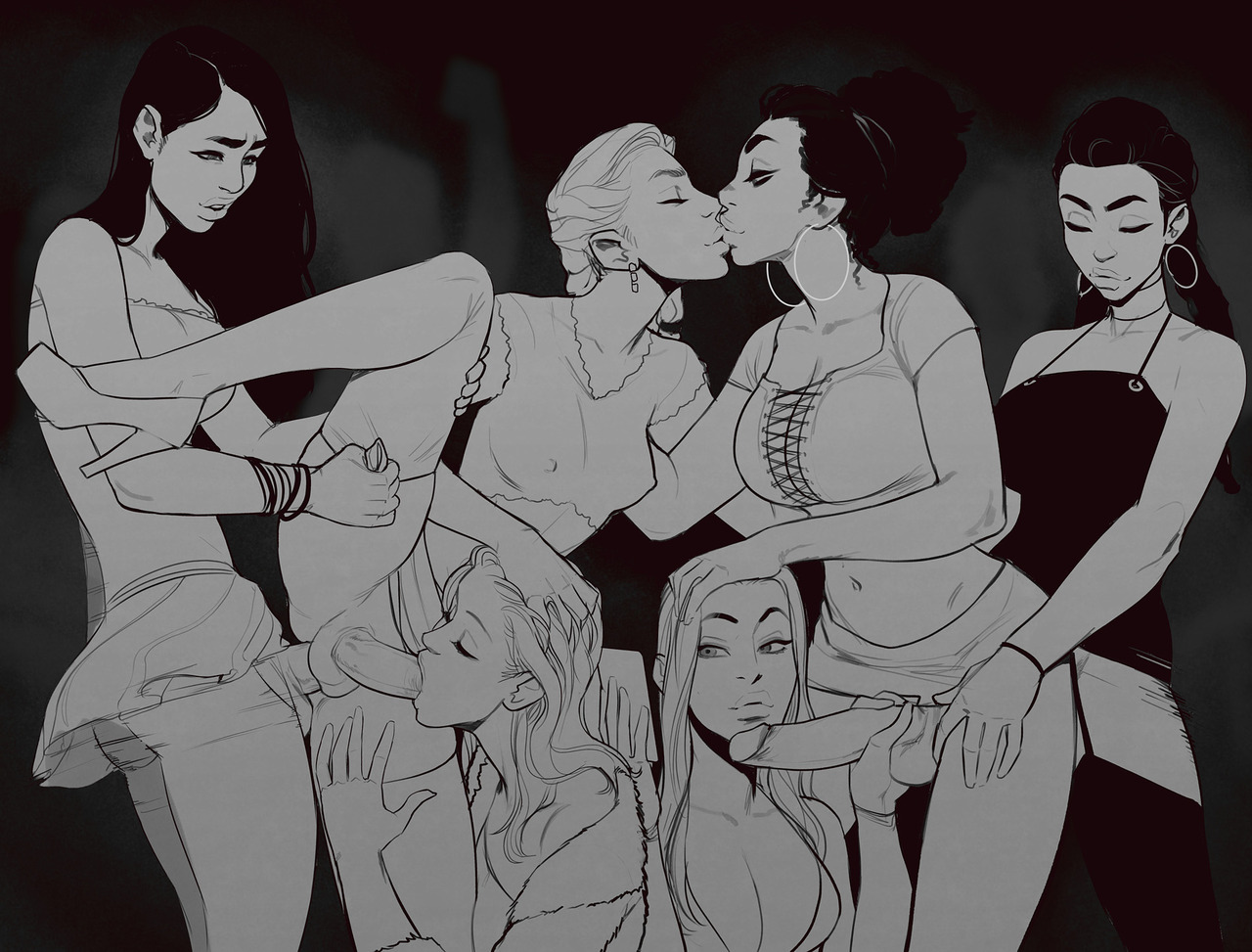 6futas, areolae, big breasts, breasts, cleavage, erection, fellatio, female, from behind, futa on female, futa on futa, futa with futa, futanari, incase, intersex, kissing, large breasts, love train, monochrome, nipples, oral, penis, pigtails, sex