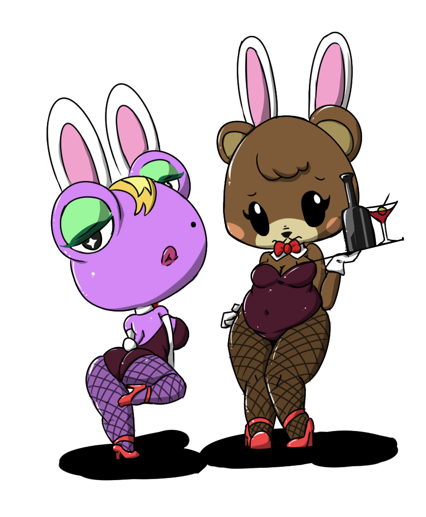 alcohol amphibian animal_crossing ankle_strap_heels backless bear beauty_mark blonde_hair bowtie bunny_ears bunny_girl bunnysuit choker embarrassed evening_gloves eyelashes eyeshadow fishnets frog furry gigi_(animal_crossing) heels highres lips lipstick long_gloves makeup maple_(animal_crossing) martini nintendo purple_skin shy waitress