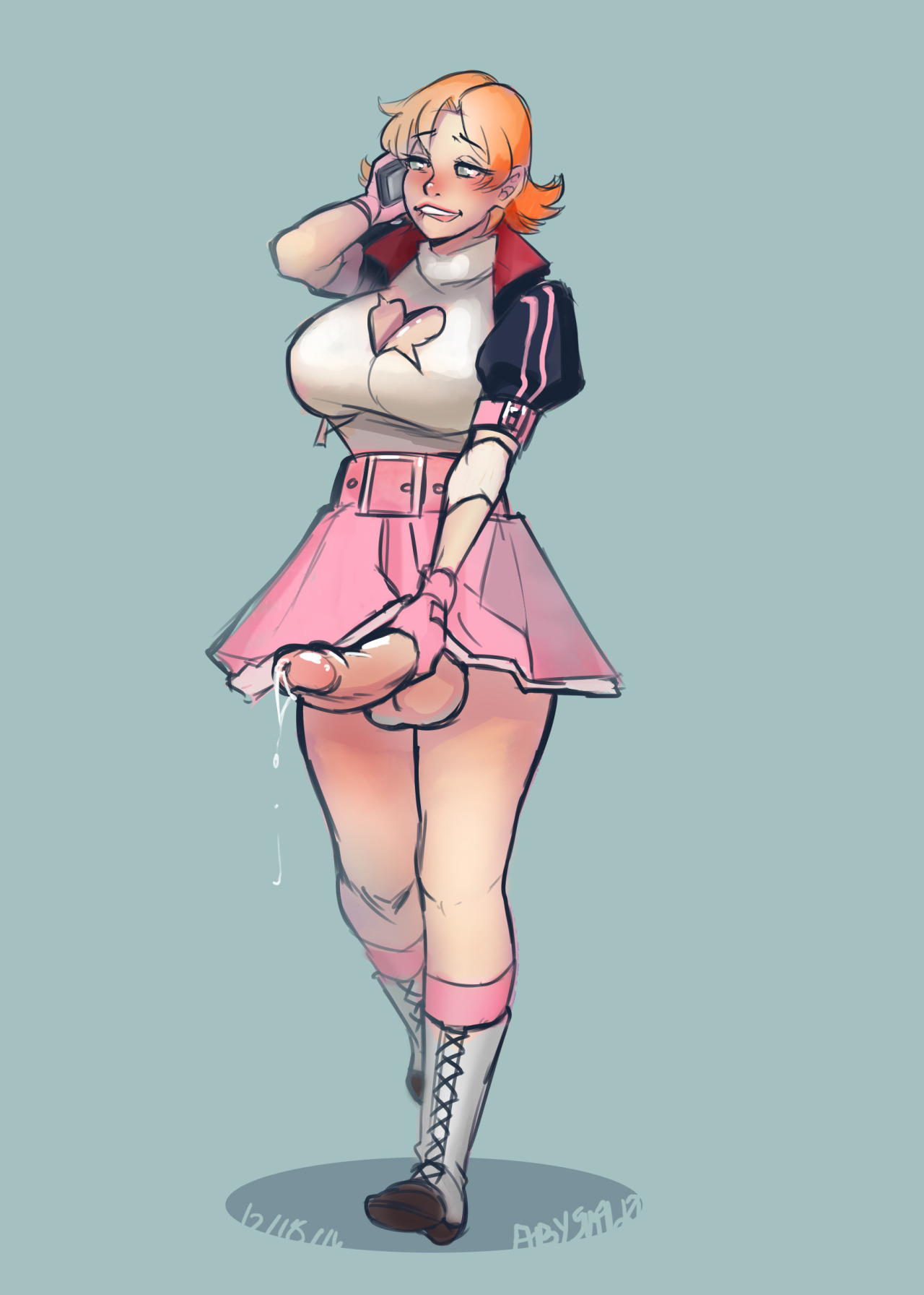 1futa, 2016, abysmal0, artist signature, balls, biting lip, blush, blushing, boots, breasts, cellphone, cleavage, cum, cum drip, dated, fingerless gloves, futa only, futanari, gloves, grey eyes, huge cock, intersex, large breasts, light skin, light-skinned futa, masturbation, nora valkyrie, orange hair, penile masturbation, penis, penis under skirt, phone, phone call, rwby, signature, simple background, skirt, solo, solo focus, solo futa, talking on phone