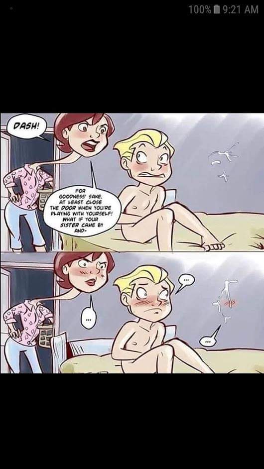 1boy, 2girls, age difference, big sister, brother, brother and sister, caught, caught by mother, caught in the act, comic, cum, cum on face, dash parr, disney, elastigirl, english text, female, helen parr, incest, invisible, little brother, male, mister d, multiple females, multiple girls, older female, older sister, pixar, siblings caught, straight hair, superheroine, text, the incredibles, violet parr, younger brother, younger male