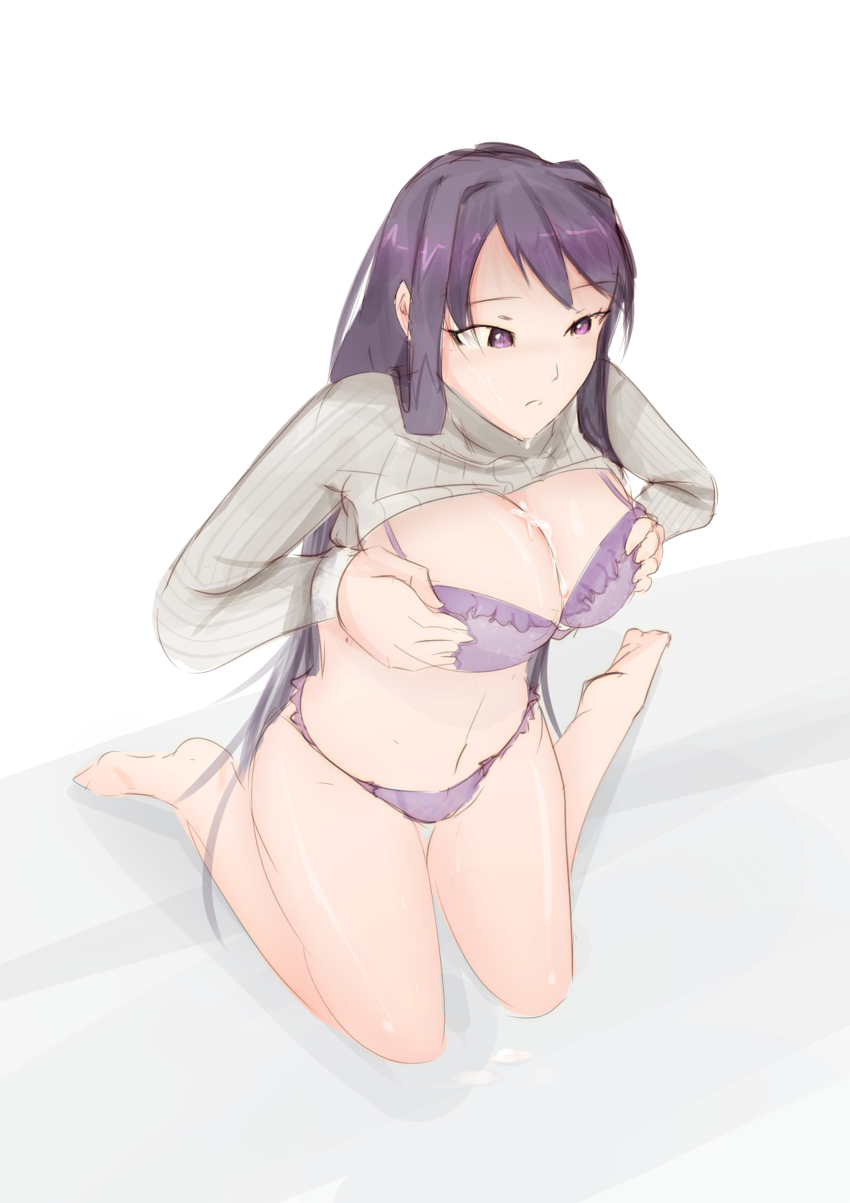 1girls, big breasts, bra, breasts, cum, cum on breasts, doki doki literature club, female, female only, horny, large breasts, long hair, looking down, purple bra, purple eyes, purple hair, purple panties, shirt, shirt lift, sketch, solo, very long hair, yuri (doki doki literature club)