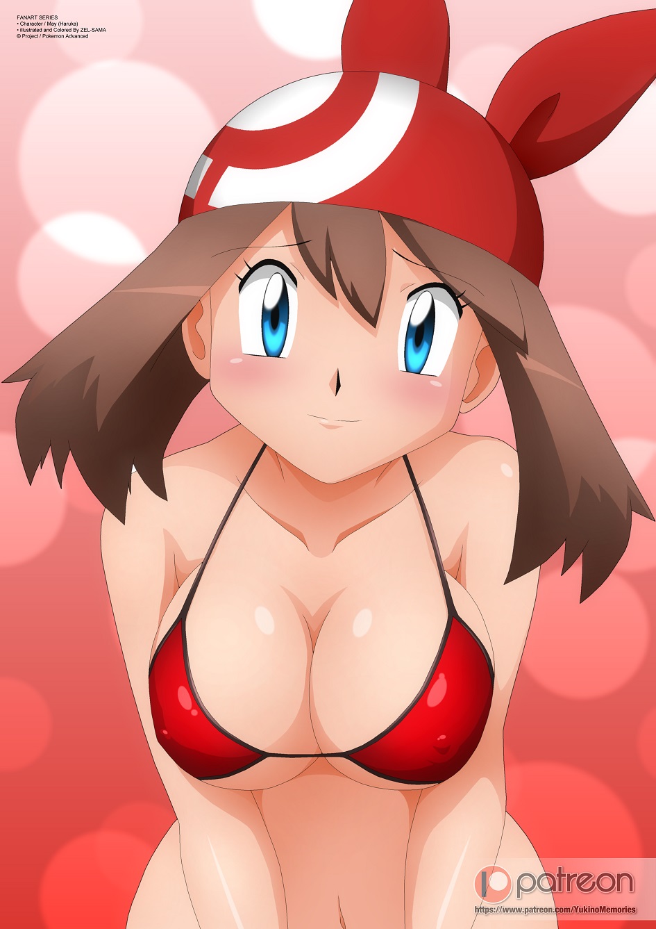 1girls, bare shoulders, belly, big breasts, bikini, bikini top, blue eyes, blush, breasts, brown hair, brown-haired female, cleavage, eyelashes, female, female only, human, human only, looking at viewer, may (pokemon), navel, nintendo, nipples, pokemon, pokemon rse, red background, solo, text, url, watermark, zel-sama