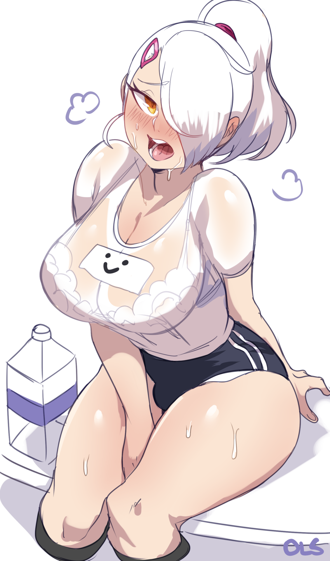 1futa, andrea vaeyl, big breasts, blush, breasts, bulge, cleavage, futa only, futanari, hair over one eye, huge breasts, intersex, large breasts, lightsource, lingerie, looking at viewer, original, see-through, solo, white hair, white panties, yellow eyes