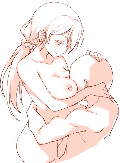 1boy between_breasts breasts collarbone deyuuku faceless faceless_male female hair_ornament hair_scrunchie hand_on_another's_head head_between_breasts hug large_breasts long_hair love_live! love_live!_school_idol_project monochrome navel nipples nude red scrunchie smile straight toujou_nozomi twintails