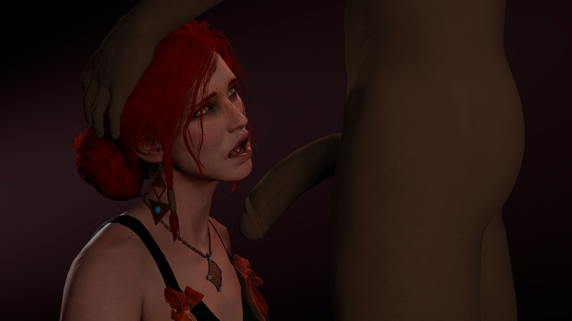 1boy, 1girls, 3d, cd projekt red, dark skin, dark-skinned male, duo, female, hand on head, interracial, male, penis, straight, the witcher, the witcher (series), the witcher 2, the witcher 3: wild hunt, triss merigold