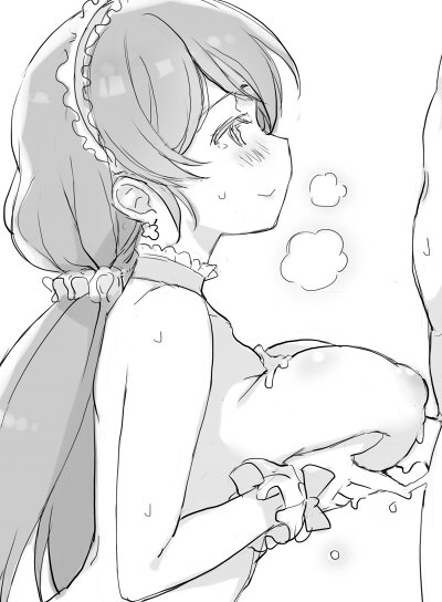 1boy blush breast_lift breasts choker cum cum_on_body cum_on_breasts cum_on_upper_body deyuuku earrings female frilled_gloves frills from_side gloves greyscale hair_ornament hair_scrunchie hairband jewelry large_breasts long_hair love_live! love_live!_school_idol_project monochrome nipples out_of_frame paizuri scrunchie smile straight sweat toujou_nozomi twintails