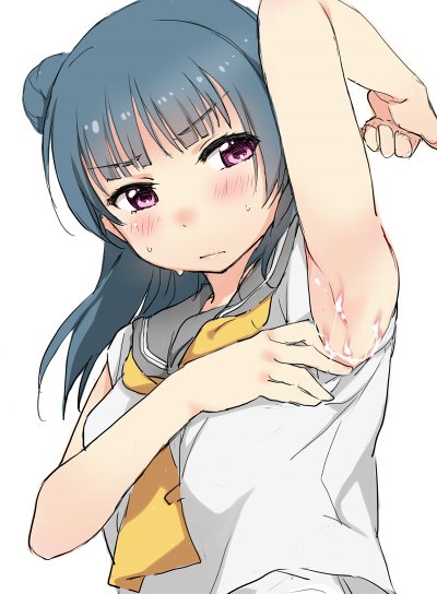 10s arm_up armpits bangs blue_hair blush cum cum_on_body cum_on_upper_body deyuuku eyebrows_visible_through_hair female frown long_hair love_live! love_live!_sunshine!! school_uniform serafuku shirt side_bun simple_background sleeveless sleeveless_shirt solo sweat tie_clip tsushima_yoshiko upper_body uranohoshi_school_uniform white_background yellow_neckwear