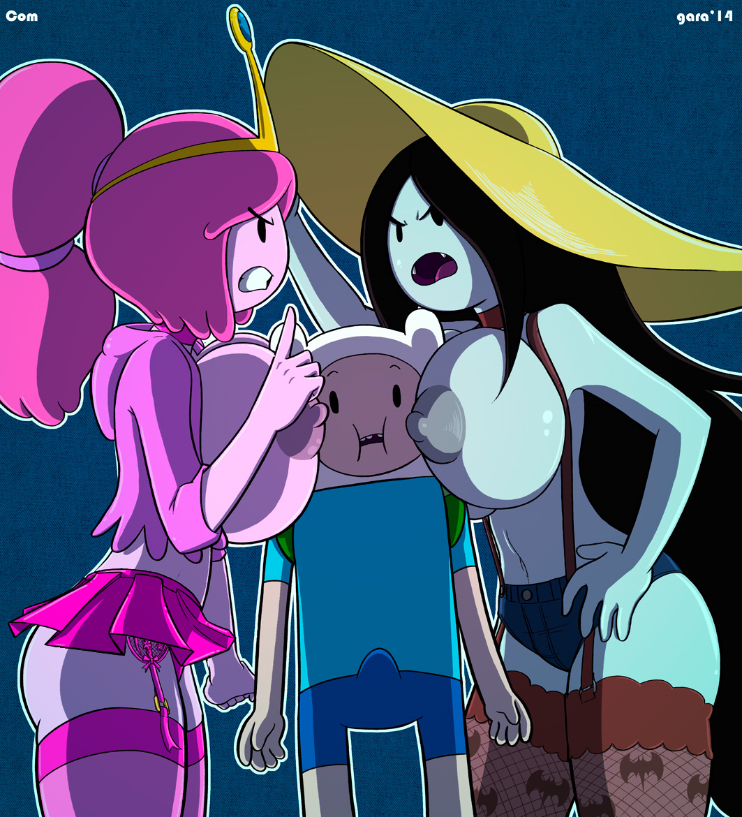 10s, 1boy, 2014, 2girls, adventure time, angry, areolae, backpack, bag, between breasts, black hair, breasts, bulge, cartoon network, clothed, clothing, dated, eyebrows visible through hair, fangs, female, finn the human, garabatoz, garter belt, garter straps, grey skin, hat, head between breasts, height difference, huge breasts, human, humanoid, jacket, jealous, larger female, legwear, long hair, male, marceline, multiple females, multiple girls, nipples, open mouth, pants, pink hair, pink skin, ponytail, princess bubblegum, puffy nipples, shirt, shorts, size difference, skirt, smaller male, sun hat, thick thighs, tiara, vampire, worried, young