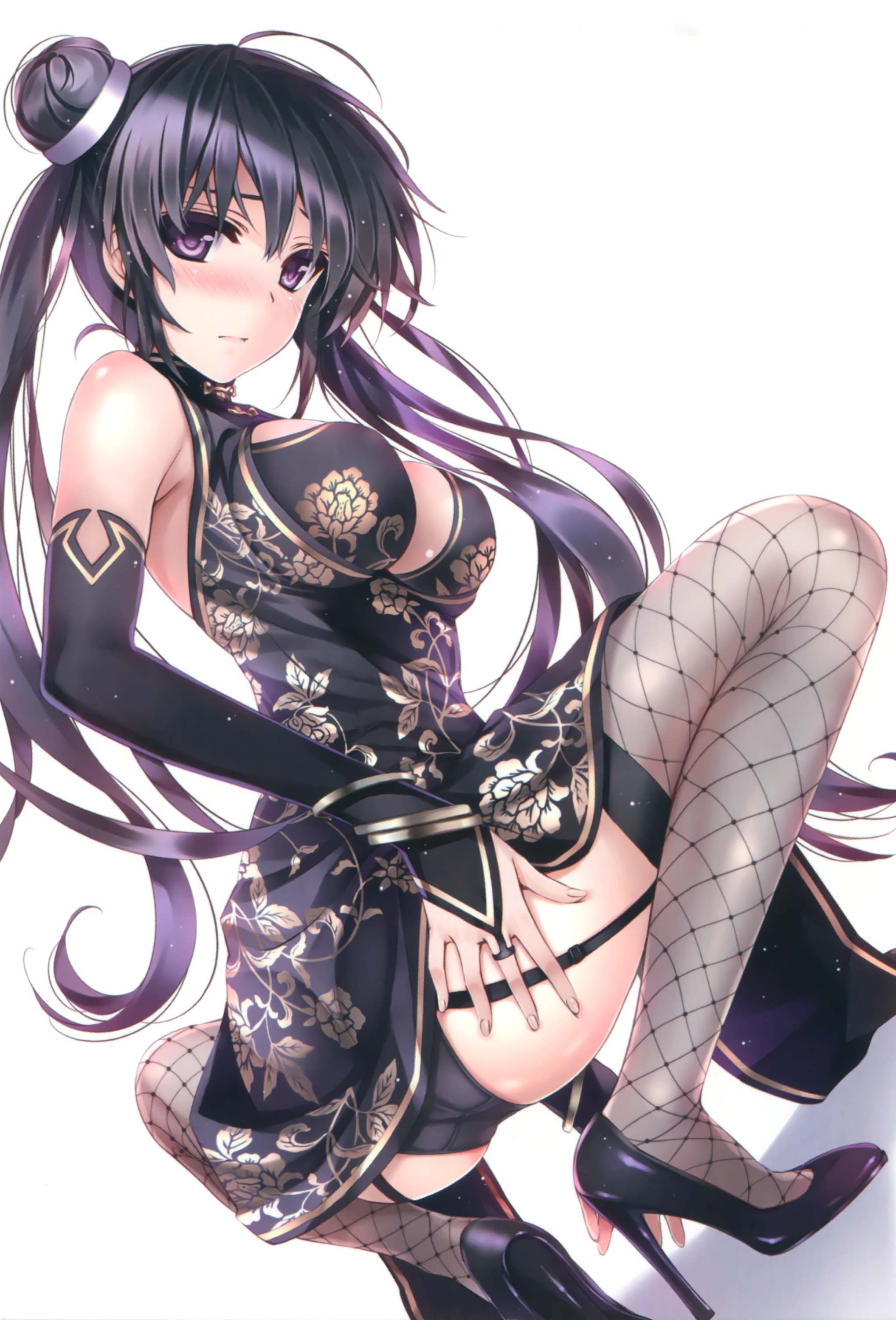 ahoge, big breasts, black dress, black legwear, black lingerie, black panties, blush, breasts, cheongsam, china dress, double bun, dress aside, female, fishnets, garter straps, gauntlets, hair bun, hair ornament, heels, high heels, jewelry, looking at viewer, misaki kurehito, purple eyes, purple hair, squatting, tougetsu matsuri, twintails