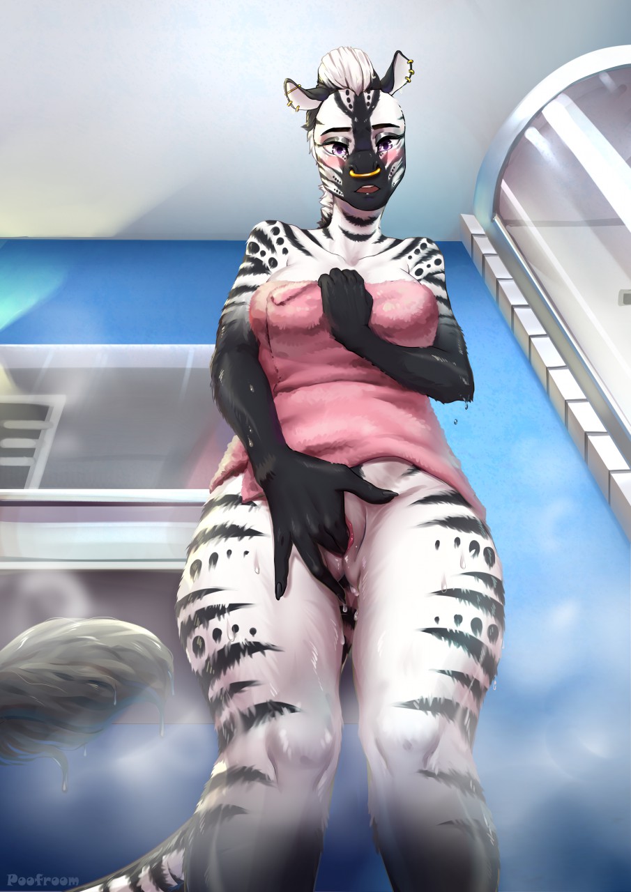2018 5_fingers anthro breasts detailed_background ear_piercing equine facial_piercing female female_only fingering furry hair looking_at_viewer low-angle_view mammal masturbation nose_piercing penetration piercing pink_eyes poofroom pussy septum_piercing solo vaginal_masturbation vaginal_penetration white_hair worm's-eye_view zahara_stripes zebra