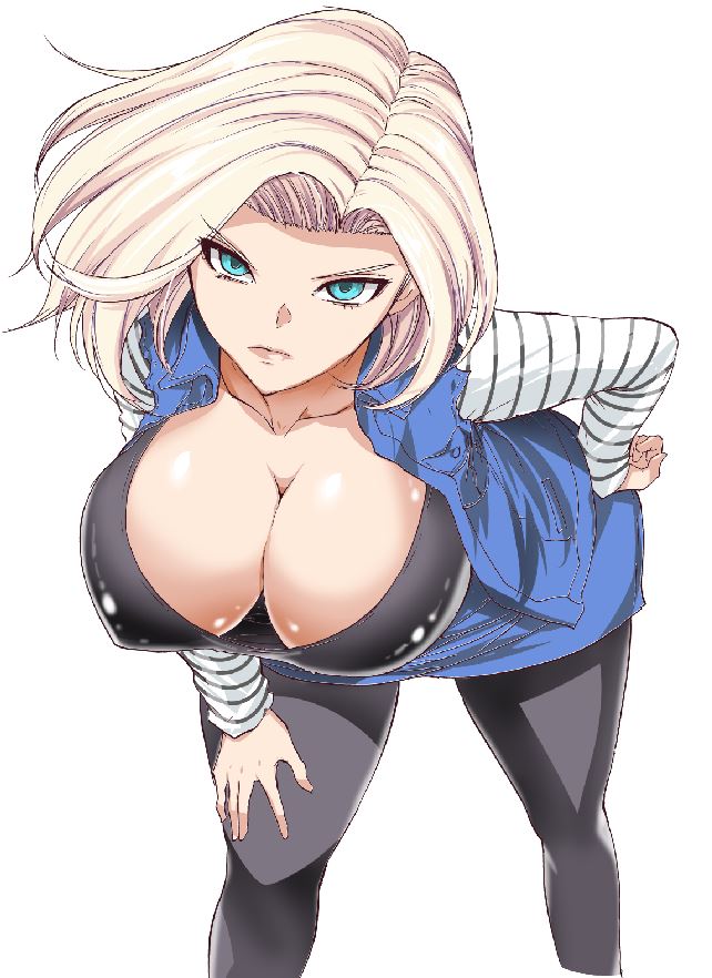 android 18, aoiakira553, blonde hair, blue eyes, breasts, cleavage, curvy, dragon ball, erect nipples, female, female only, huge areolae, huge breasts, looking at viewer, nipples, puffy nipples, short hair, simple background, solo, voluptuous, wide hips