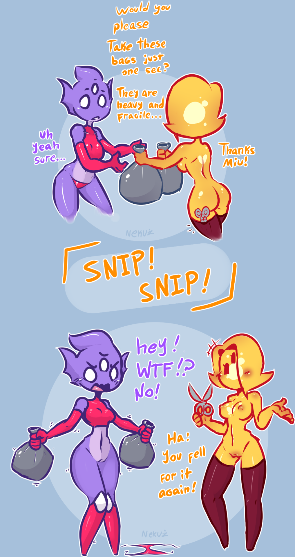 angry anthro ass breasts clothed clothing comic duo english_text female hylotl lux_(nekuzx) miu_(nekuzx) nekuzx novakid orange_text partially_clothed purple_text pussy scissors skimpy starbound text video_games