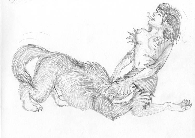 anthro arania ass breasts butt_grab canine claws clothing erect_nipples female hand_on_butt human licking male mammal nipples open_mouth penis pointy_ears sketch skirt smile spread_legs spreading tongue tongue_out torn_clothing transformation were werewolf wolf