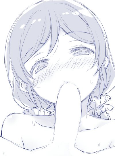 blush collarbone deyuuku eyebrows_visible_through_hair fellatio female love_live! love_live!_school_idol_project monochrome nose_blush nude oral penis pov scrunchie straight toujou_nozomi twintails upper_body