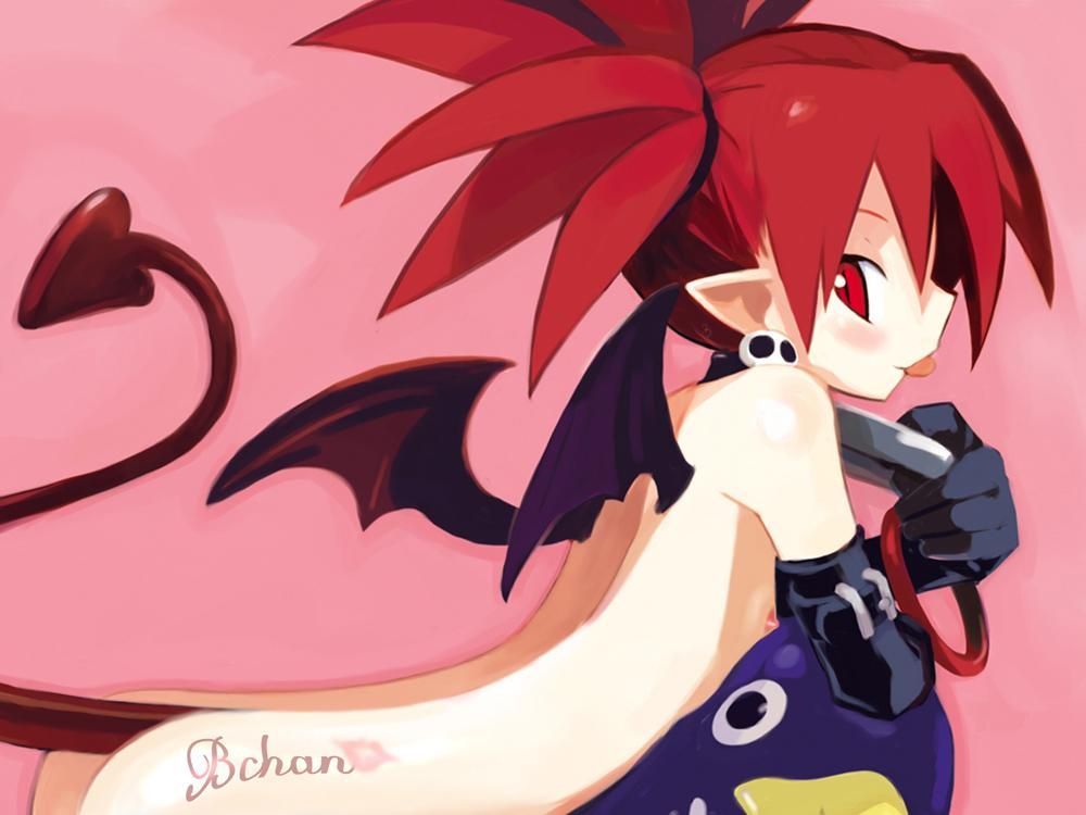 1girls :p demon_girl demon_tail demon_wings disgaea disgaea_1 elbow_gloves etna flat_chest nipples nippon_ichi_software nude pointy_ears prinny red_eyes red_hair side_glance skull_earrings tongue_out twintails