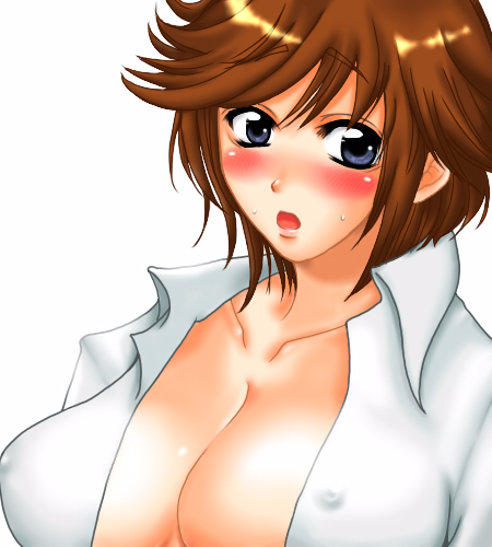 blue_eyes breasts brown_hair clothing erect_nipples erect_nipples_under_clothes hair houin_kyouko kodomo_no_jikan large_breasts open_clothes open_shirt shirt short_hair