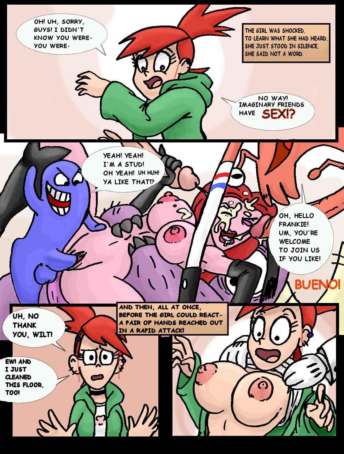 2girls 4boys anal anal_penetration anal_sex assisted_exposure big_breasts big_penis bloo breasts cartoon_network caught caught_in_the_act comic cum cumshot eduardo_(fhfif) ejaculation english_text female foster's_home_for_imaginary_friends frankie_foster handjob huge_cock human interspecies large_penis larger_female mac_(fhfif) male mr._herriman nemesister nude penetration penis shirt_lift simple_background size_difference straight text triple_penetration vaginal_penetration wilt