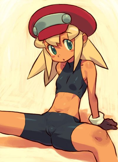 1girls arm_support bare_shoulders belly bike_shorts blonde_hair blue_eyes cameltoe capcom cleft_of_venus color cute female female_only gloves green_eyes hair hat headgear ishikawa_hideki latex looking_at_viewer mega_man mega_man_legends midriff navel official_art official_style petite roll_caskett sitting skin_tight skintight_clothing sleeveless sleeveless_turtleneck solo solo_female spandex spats spread_legs tan teen thighs tomboy tummy turtleneck young young_female