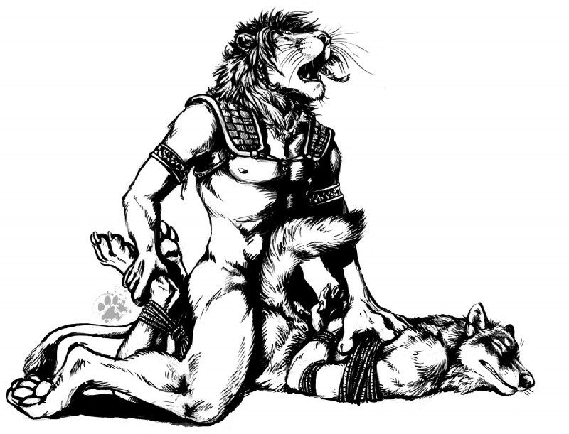 anal anal_sex anthro black_and_white blotch bondage bound canine closed_eyes digitigrade feline forced fur furry furry_only gay lion male mammal monochrome muscles nude orgasm penetration rope sex tess_garman wolf