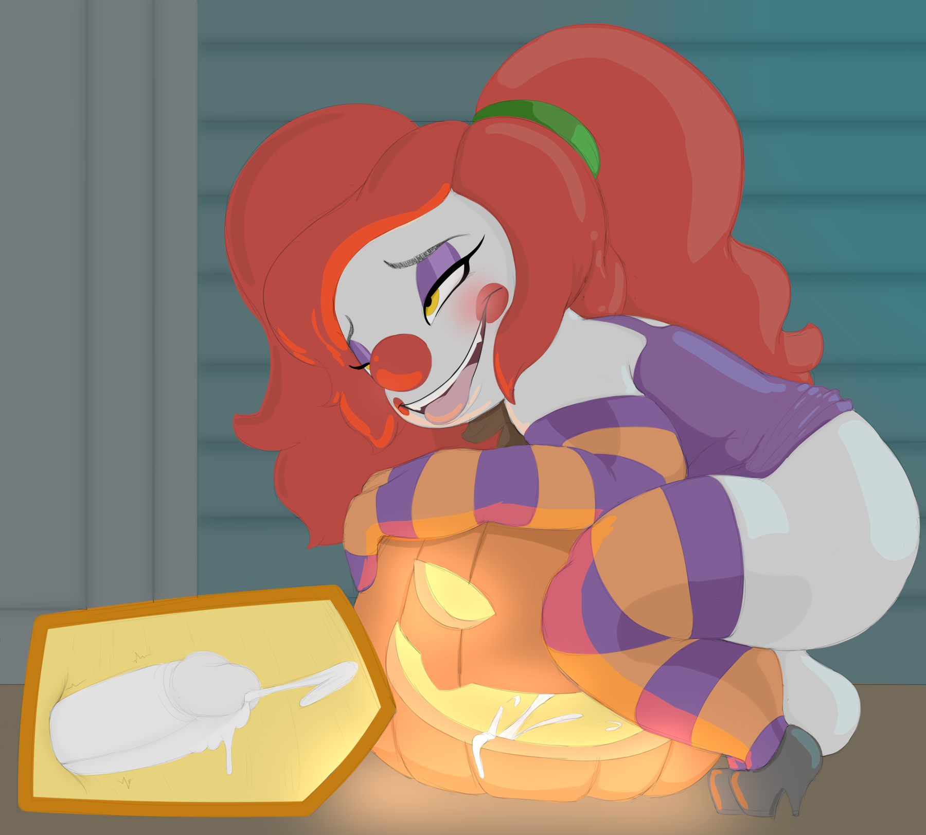 1dickgirl, 1futa, anthro, armwear, ass, ball (object), balls, bottomless, clothing, clown, cum, cumshot, dickgirl, dot (mcnasty), ejaculation, erection, eyeshadow, food, food penetration, footwear, fruit, fucking pumpkin, futa only, futa sans pussy, futanari, hair, high heels, improvised sex toy, intersex, large balls, large penis, leggings, legwear, makeup, masturbation, mcnasty, open mouth, orgasm, orgasm face, penis, pumpkin, pumpkin masturbation, red hair, shoes, solo, solo dickgirl, solo futa, tongue, tongue out, yellow eyes