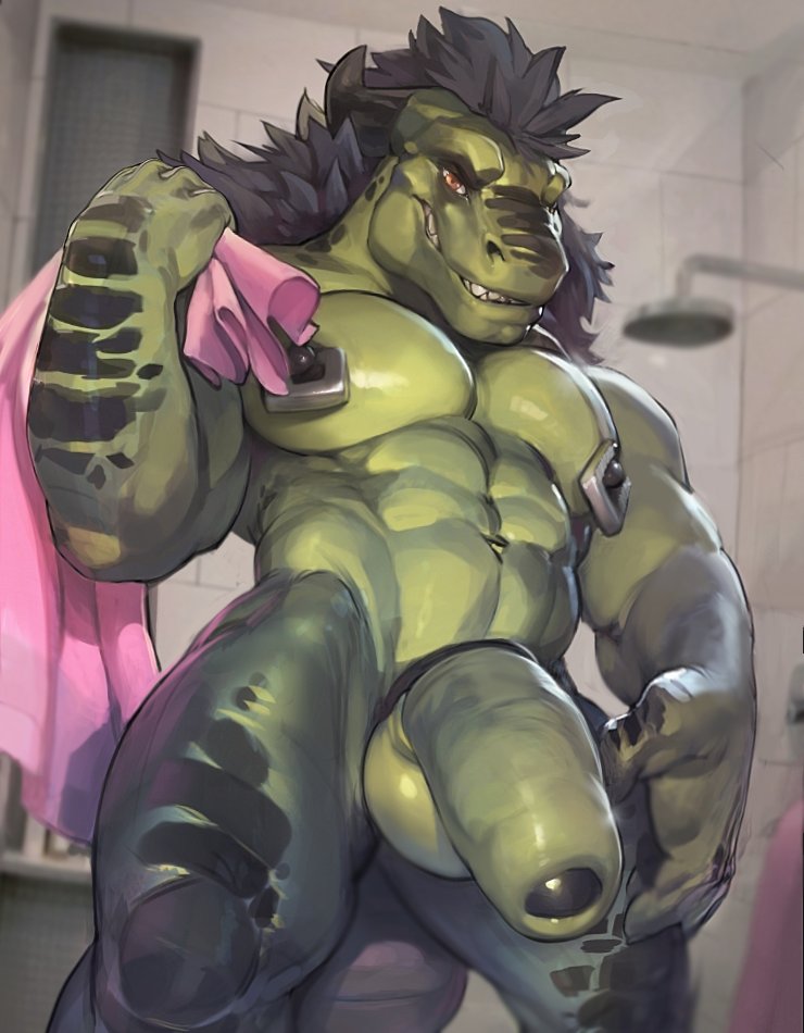 2018 5_fingers abs anthro areola biceps big_penis big_tail black_hair brown_horn brown_nipples brown_scales clenched_teeth cock_ring darkgem dragon erection green_penis green_skin green_tail green_testicles holding_object horn huge_cock humanoid_hands humanoid_penis long_penis looking_at_viewer male male_only manly muscular muscular_male navel nipple_piercing nipples nude partially_retracted_foreskin pecs penis piercing presenting presenting_penis presenting_testicles scales scalie shower snout solo standing teeth testicles thick_penis thick_tail thick_thighs towel triceps uncut