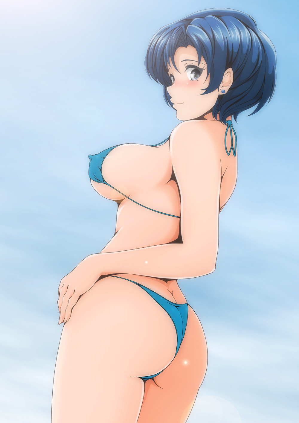 1girls, ami mizuno, ass, ass crack, bare shoulders, bikini, bishoujo senshi sailor moon, blue hair, blush, breasts, butt crack, earrings, erect nipples, erect nipples under clothes, female, female only, large breasts, looking at viewer, micro bikini, nanashi noiji, nipples, outdoors, short hair, sideboob, sky, small breasts, smile, solo, swimsuit, thighs