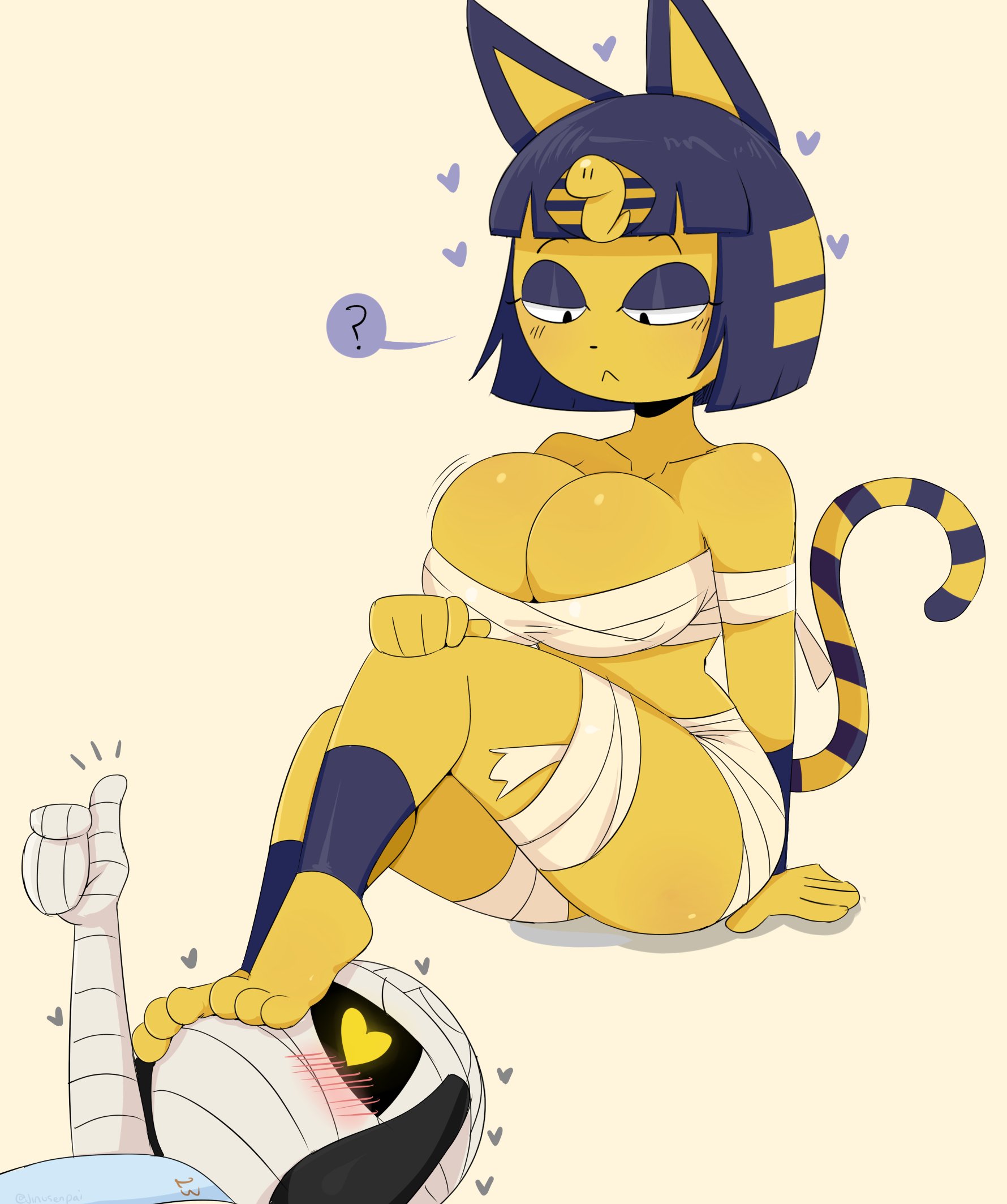 ?, 1boy, 1girls, animal crossing, ankha, anthro, barefoot, blush, breasts, canine, cleavage, feet, feline, female, foot fetish, furry, half-closed eyes, heart, heart-shaped pupils, huge breasts, interspecies, jinu, large breasts, lucky (animal crossing), male, nintendo, text, thick thighs, thighs, toes, watermark, wide hips, year request