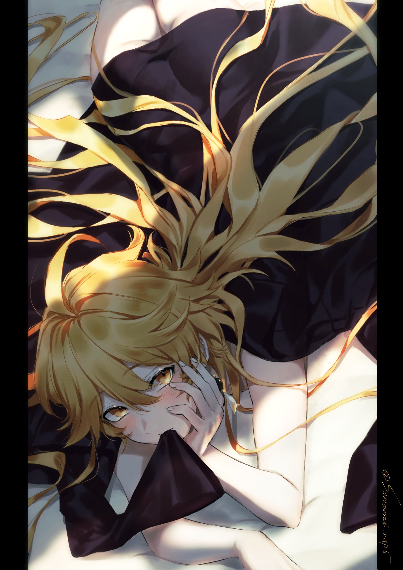 1boy, aether (genshin impact), ass, bed, blush, earring, femboy, gay, genshin impact, girly, long hair, looking at viewer, male, male only, naked, nude, petite, seductive, slim, solo, thighs, twink, yaoi