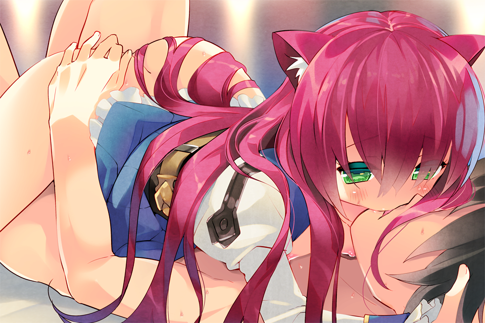 1boy animal_ears arikawa_satoru ass ass_grab black_hair blue_skirt cat_ears clothed_female_nude_male clothed_sex cowgirl_position female flower_knight_girl game_cg green_eyes juliet_sleeves kissing long_hair long_sleeves looking_at_another nude official_art puffy_sleeves raiongoroshi_(flower_knight_girl) raised_eyebrows red_hair sex shirt skirt straight vaginal_penetration white_shirt