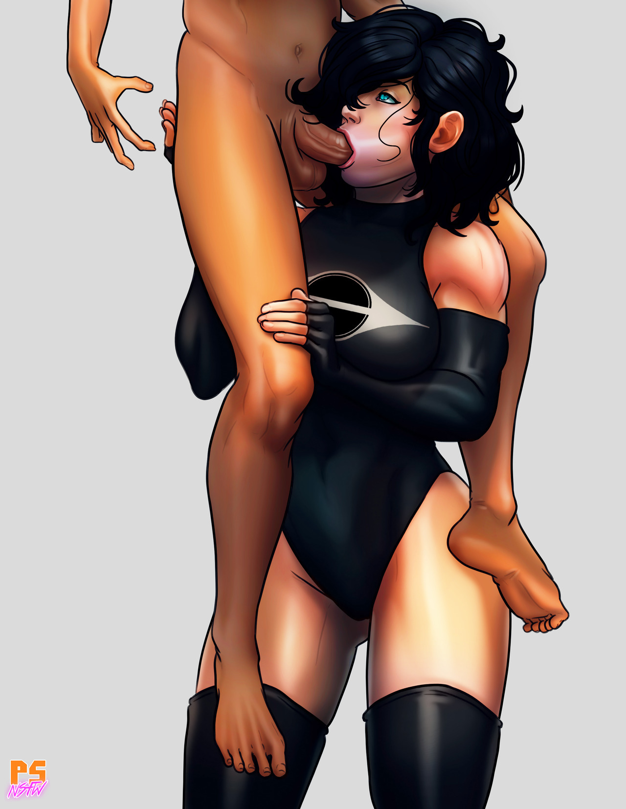 1boy, 1girls, balls, barefoot, black hair, blackhole (noriglow ignitus), blue eyes, borrowed character, breasts, cheek bulge, clothed female nude male, curly hair, duo, elbow gloves, fellatio, female, fingerless gloves, hair over one eye, large breasts, large penis, leotard, lifting person, male, muscular, muscular female, oral, original, penis, pumpkinsinclair, short hair, straight, superheroine, testicles, thighhighs, unseen male face