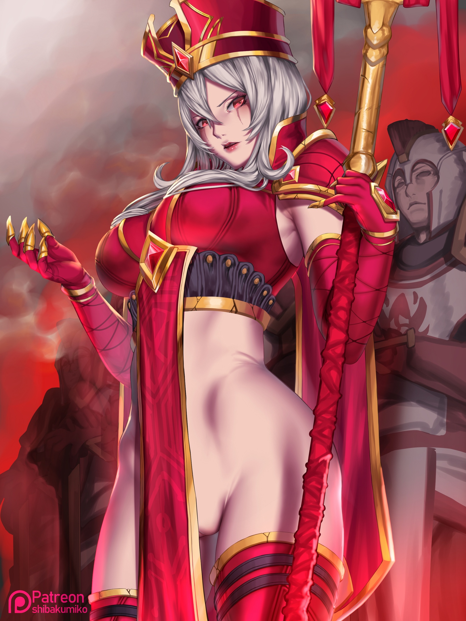 breasts, female, female only, heroes of the storm, human, kumiko (aleron), large breasts, no pants, nude, pussy, red clothing, red eyes, sally whitemane, scarlet monastery, staff, thighhighs, white hair, world of warcraft