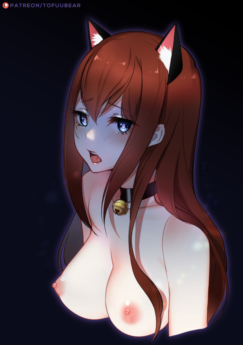 1girls, areolae, big breasts, breasts, cat ears, cat girl, catgirl, collar, female, female only, large breasts, looking at viewer, makise kurisu, nipples, solo, steins;gate, tofuubear, topless