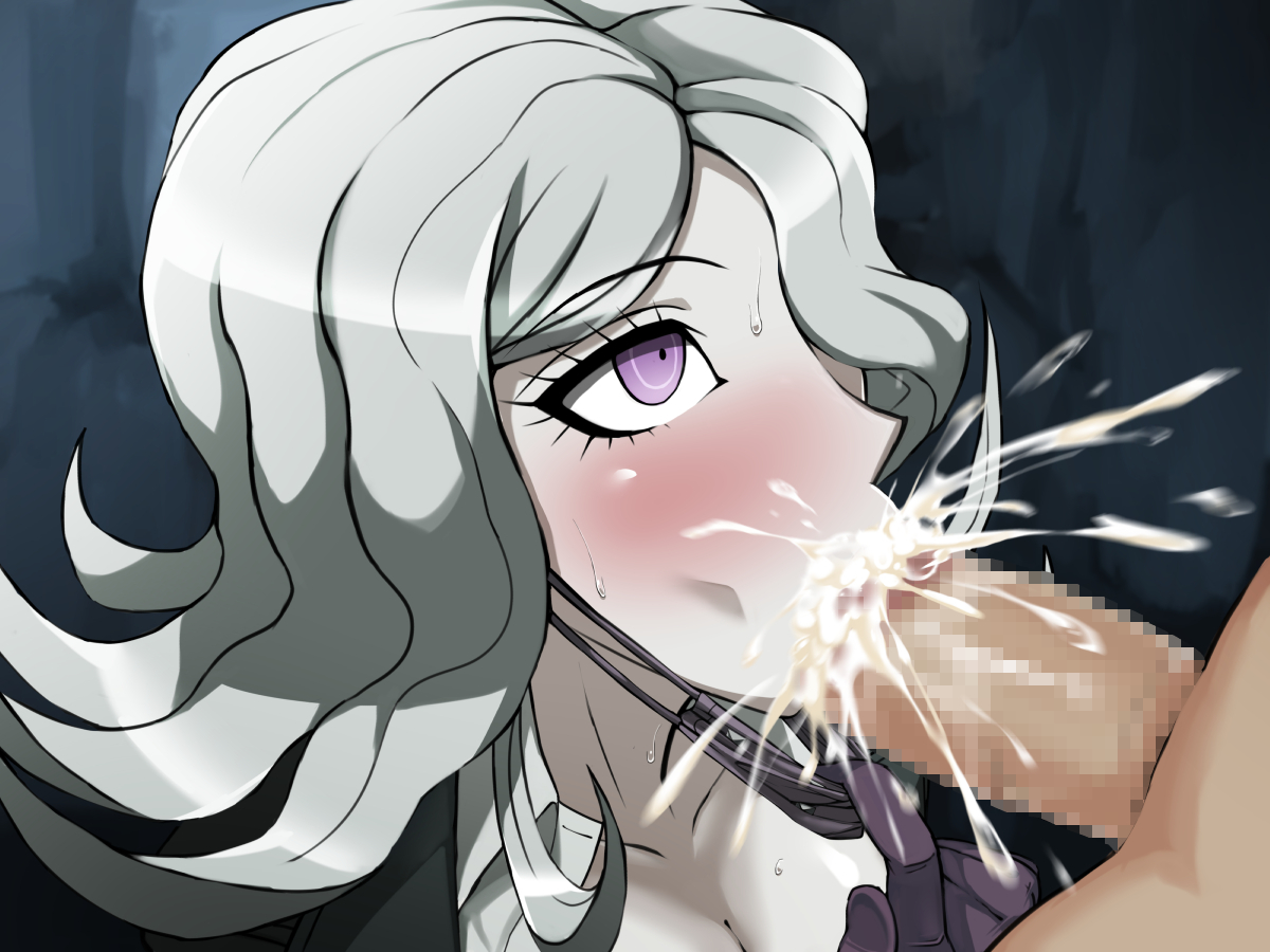 :>=, 1boy, akizora, blush, censored, clothed, clothed female nude male, cum, cum explosion, cum in mouth, danganronpa, danganronpa 3, ejaculation, fellatio, female, glove, grey hair, kimura seiko, looking at partner, looking at penis, male, mosaic censoring, oral, penis, purple eyes, smooth skin, straight, sweat