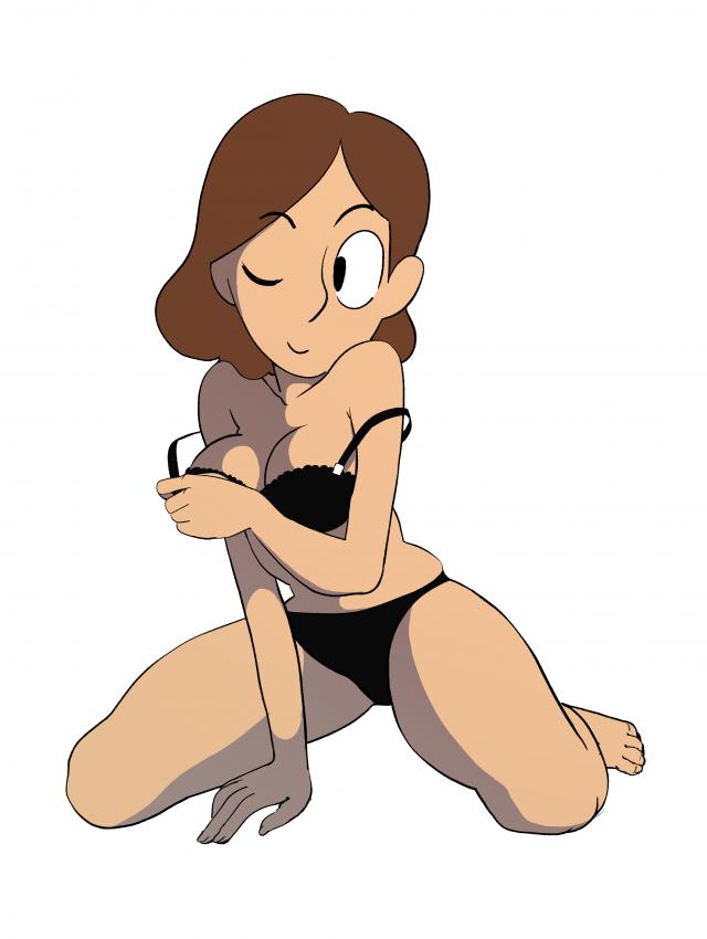 brown_hair cute female female_only hilda_(series) johanna_(hilda) jpeg kneeling netflix one_eye_closed padoga smile solo stripping thighs underwear white_background wink