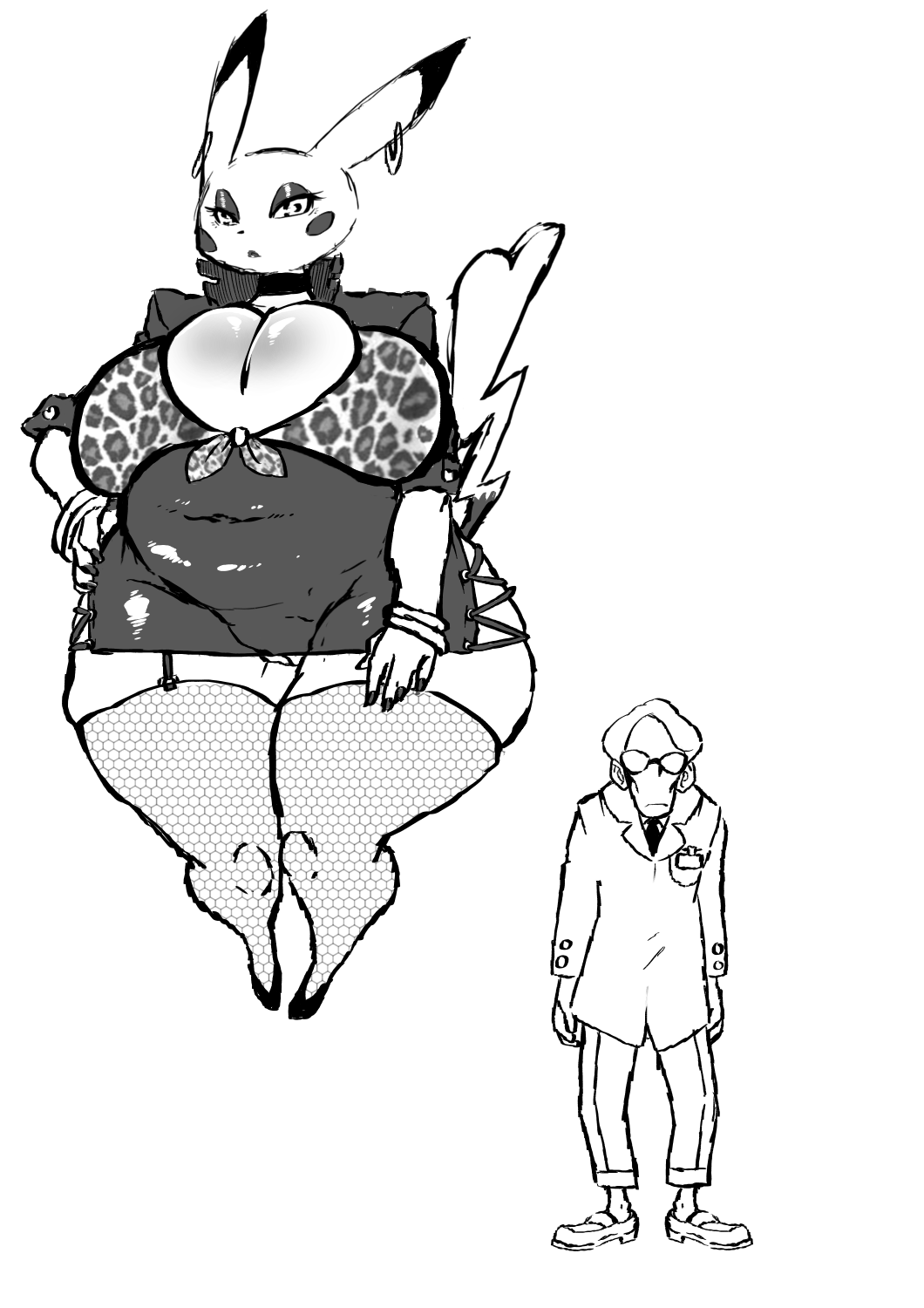 1boy 1girls anthro anthrofied big_breasts blush bottomless breasts chubby cleavage cleft_tail clothed clothing dragoonrekka earrings female furry glasses hi_res high_heels huge_ass huge_breasts human long_ears male mammal monochrome nintendo original_character pikachu pokémon_(species) pokemon pokemon_rgby pussy scientist size_difference sketch tail thick_thighs thighhighs video_games white_background wide_hips