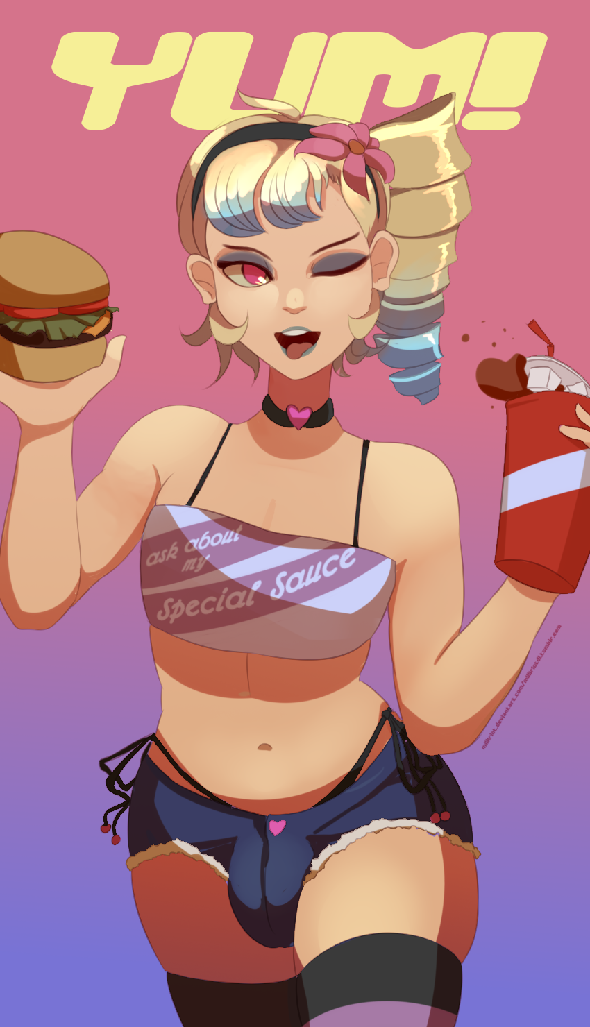 1boy androgynous bare_shoulders belly blonde_hair blue_lipstick booty_shorts bulge burger choker clothed cream_(milkriot) crop_top drill_hair eyeshadow femboy femboy_only food hamburger holding jean_shorts lipstick makeup male male_only midriff milkriot multicolored_hair navel original original_character pink_eyes shirt short_shorts shorts soda solo source_request tank_top text thighhighs tied_hair tongue_out trap url waiter watermark wink winking winking_at_viewer