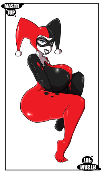 ass, batman (series), batman: the animated series, big ass, big breasts, black lipstick, blue eyes, breasts, clown, dc, dc comics, dcau, facepaint, female, female only, grin, harley quinn, harley quinn (classic), legs crossed, looking at viewer, mask, mastr7up, skin tight, solo, toe socks, toes, voluptuous