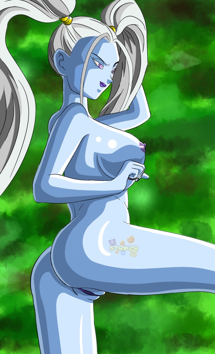1girls, alien, angel, angel (dragon ball), arm up, ass, blue, blue skin, blush, breasts, dragon ball, dragon ball super, female, female only, highres, large breasts, lavender eyes, legs, long hair, marcarita, nail polish, nipples, nude, pussy, skin, solo, spread, spreading, striker (artist), text, tournament of power, twintails, watermark, white hair