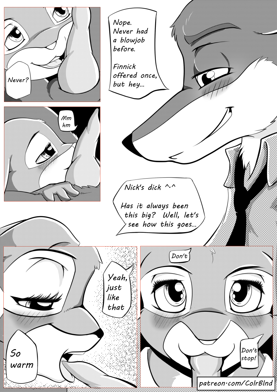 animal_genitalia black_and_white blush canine clothing colrblnd_(artist) comic disney fellatio female fox judy_hopps lagomorph male mammal nick_wilde oral penis rabbit sex sheath text zootopia