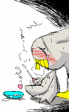 1boy banette blush bowl cum cum_in_bowl ghost heart heavy_breathing japanese_text male male_only masturbation motion_lines nintendo pasaran penis pokémon_(species) pokemon pokemon_rse sitting sketch solo sweat text translation_request video_games