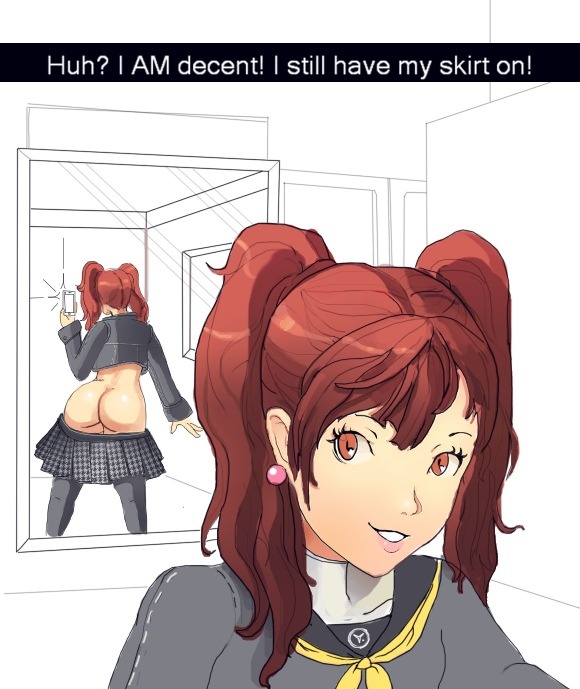 ass, female, kujikawa rise, mirror, persona, persona 4, phone, skirt, skirt pull, sunbeam (artist)