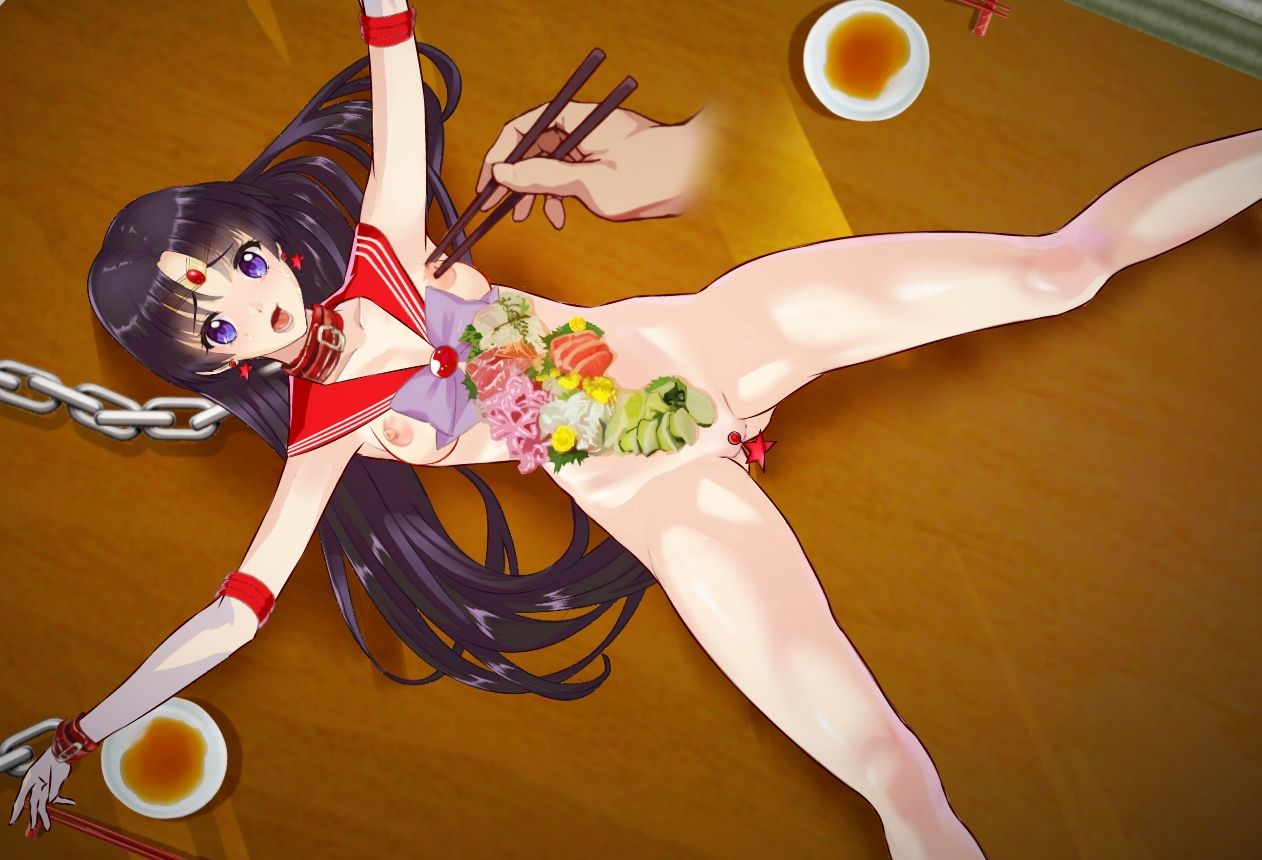 1girls arion_canvas bishoujo_senshi_sailor_moon bondage breasts censored chained chains collar female female_focus femsub food lying nipples nyotaimori rei_hino sailor_mars small_breasts table tagme